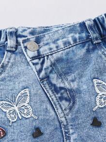 Young Girls Casual Daily Urban Street Butterflies Print Denim Shorts, Frayed, Ripped Holes, Elastic Waist, Button Closure - Light Wash - View 4