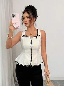 Chiquease Women's Casual Ruffled Edge Button Decorated Bowknot Waist Slim Tank Top - Apricot - View 8