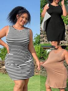 SHEIN EZwear Plus Size Women Casual Round Neck Dual Pocket Tank Dress - Multicolor - View 3
