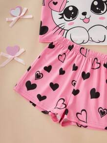 3 Stück/Set Mädchen Casual Süß Herz-Katzen-Muster Kurzarm T-Shirt, Shorts, Lange Hose Heim Outfit Vatertags Geschenke Welpe Sommer Strand Sommer Kleidung Pyjama Sets Mädchen Kleidung 4 Kleidung für Mädchen 10 Mädchen Kleidung für Kinder 3 - Pink - Übersicht 4