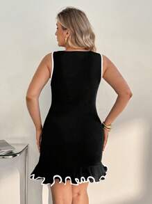 Auralis 大码女装春夏时尚优雅高弹舒适日常可爱黑色无袖修身短裙、黑色曲线裙、欧洲夏季、荷叶边裙、女士优雅服装、女士早午餐服装、办公室服装