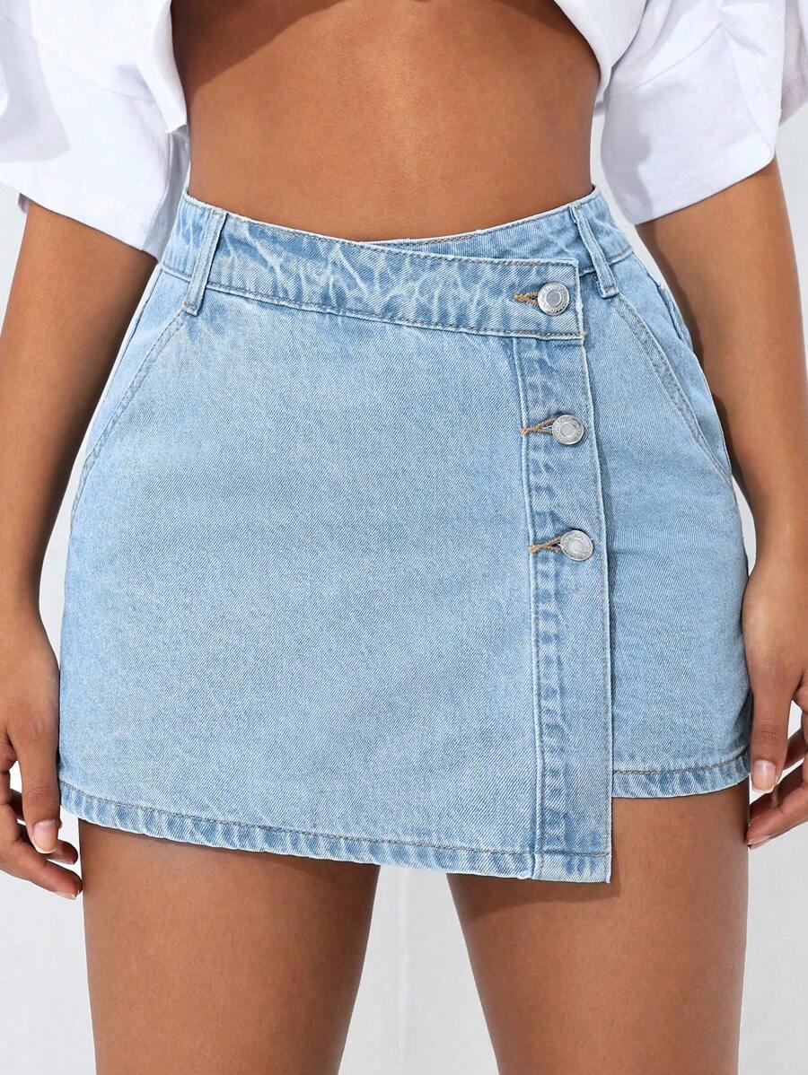 SHEIN PETITE Women's Asymmetrical Design Washed Denim Shorts For Summer - Blue - View 1