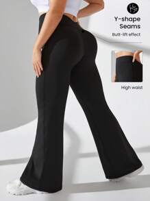 SHEIN Rhythm Era Pantaloni sport evazați cu talie înaltă pentru femei, culoare solidă, mărime plus, pantaloni de yoga