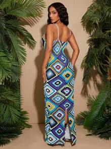 Radiana Spring/Summer Music Rock Festival Street Casual Western Wear Outfit Bohemia BOHO VACAY Color Imitation Crochet Print High Stretch Knit Halters Long Slim-Fit Dress Multicolor Maxi Dress Bodycon Maxi Dress Long Vacation Dress Granny Square Dress,Boho Clothes Women