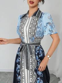 Modelyn 女士时尚全身印花系带领短袖长裙 - 彩色 - 查看 2