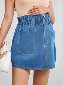 SHEIN 孕妇休闲水洗高腰牛仔裙 - 淺色水洗藍 - 查看 6