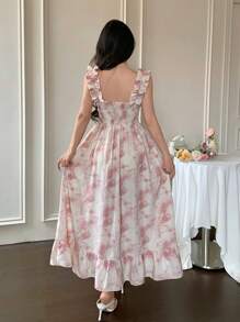 Modelyn 女士扎染印花荷叶边弹力肩带方领 A 字连衣裙