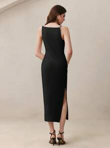 BizChic Vestido negro 2025 con tirantes de espagueti, hombro asimétrico, cintura fruncida, abertura lateral, romántico, elegante, versátil para uso diario y casual de negocios para mujeres