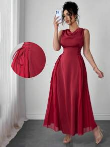 Modelyn Sleeveless Women's Dress With Draped Neck, Side Pleats And Drawstring, Spring/Summer