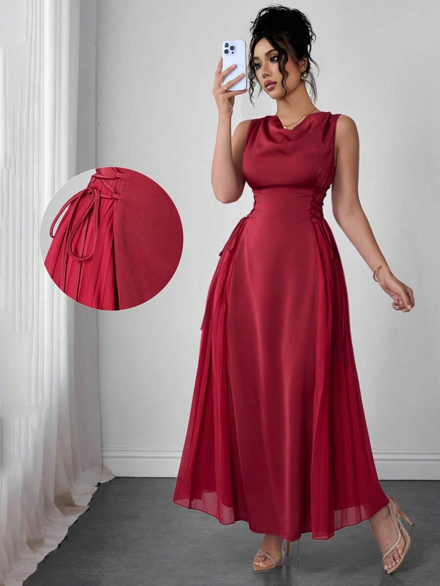Modelyn Sleeveless Women's Dress With Draped Neck, Side Pleats And Drawstring, Spring/Summer
