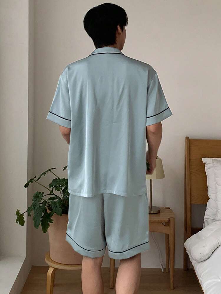 Letter Print Green Shirt With Casual Summer Men's Pajama Set