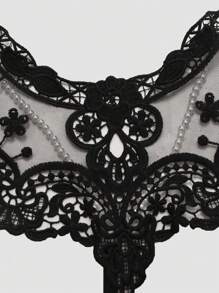 2 件女士性感镂空、交叉、系带、缎面流苏内衣套装、蕾丝、珍珠、露背设计 - 黑色 - 查看 4