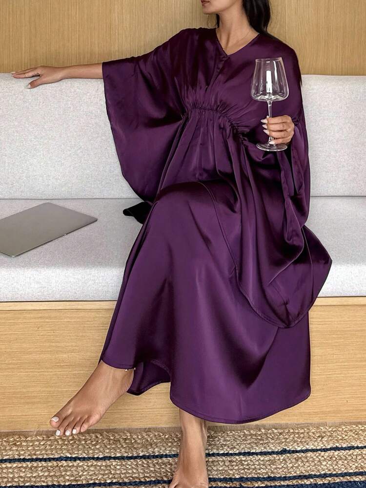 Women's Satin Ruched Design Loose Top And Long Skirt Home Suit, Minimalist Charm Pajama