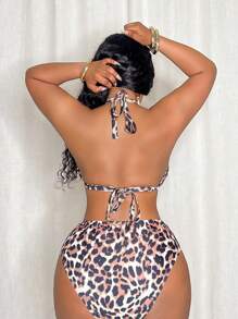 Slaydiva 4pcs/Set Plus Size Adjustable Sexy Leopard Print Swimsuit Set For Vacation For Summer - Multicolor - View 5