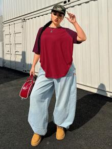 Muchica 大码夏季基本款休闲插肩袖短袖宽松T恤 - 紅色 - 查看 4