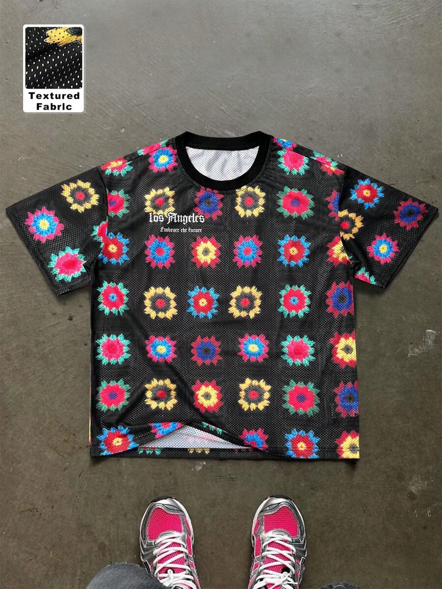 Manfinity EMRG 男士夏季网眼图案印花圆领短袖T恤 - 彩色 - 查看 1