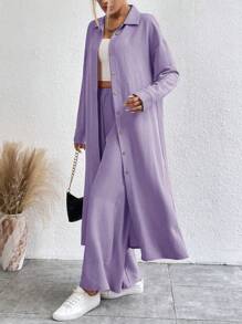 SHEIN LUNE 2pcs/Set Casual Solid Color Long Shirt & Long Pants - Purple - View 3