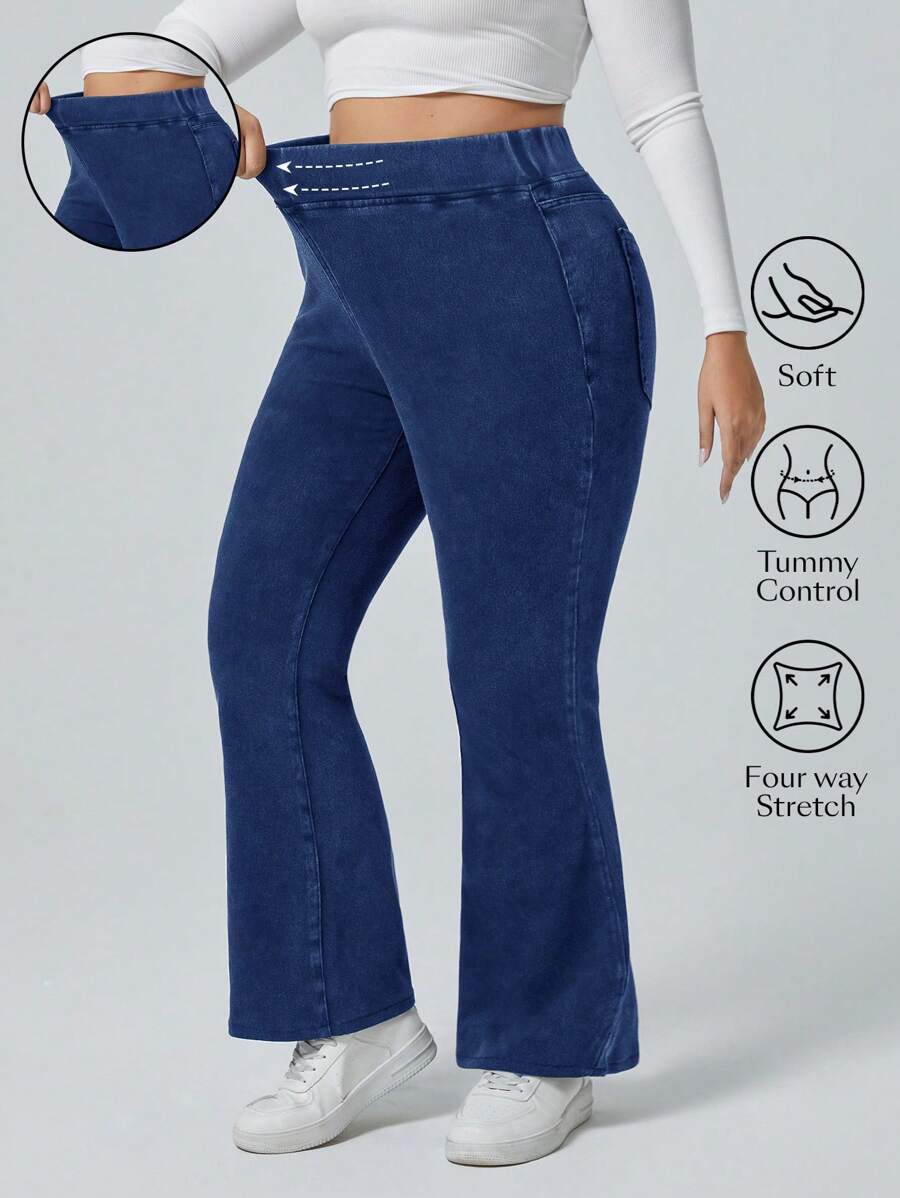 SHEIN CURVE+ Quần jeans ống loe cạp cao giặt thường ngày cỡ lớn - Rửa tối - Xem 1