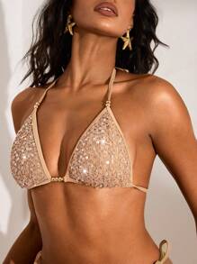 Opulessa Áo bikini hai mảnh gợi cảm màu trơn đính sequin dành cho nữ, thích hợp đi biển, nghỉ lễ, phong cách Y2K mùa thu và đông, Halloween, câu lạc bộ gợi cảm, thường ngày, kỳ nghỉ, kỳ nghỉ hè, thanh lịch, đi chơi, tiệc tùng. - màu nâu - Xem 4