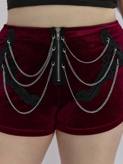 Grunge Punk Short en velours luxueux de style sexy avec chaîne en métal et fermeture éclair à l'avant, broderie florale, grande taille, couleur rouge vin