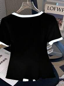 Regalyn Camiseta de manga corta ajustada con botones metálicos y lazo con lentejuelas para mujer de talla grande, cuello redondo, adecuada para vacaciones de verano