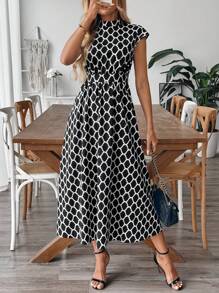 SHEIN Clasi Women's Geometric Print Small Stand Collar A-Line Sleeveless Midi Elegant Casual Commuter Dress