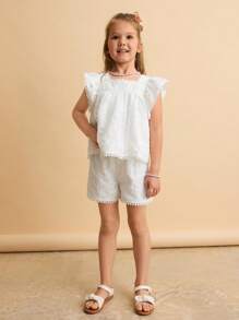 Ontre 2pcs/Set Young Girl Loose Casual Ruffle Sleeve Top And Shorts Set - White - View 1