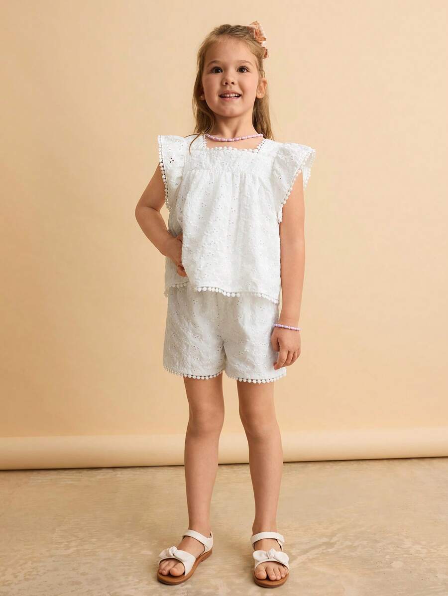 Ontre 2pcs/Set Young Girl Loose Casual Ruffle Sleeve Top And Shorts Set - White - View 1