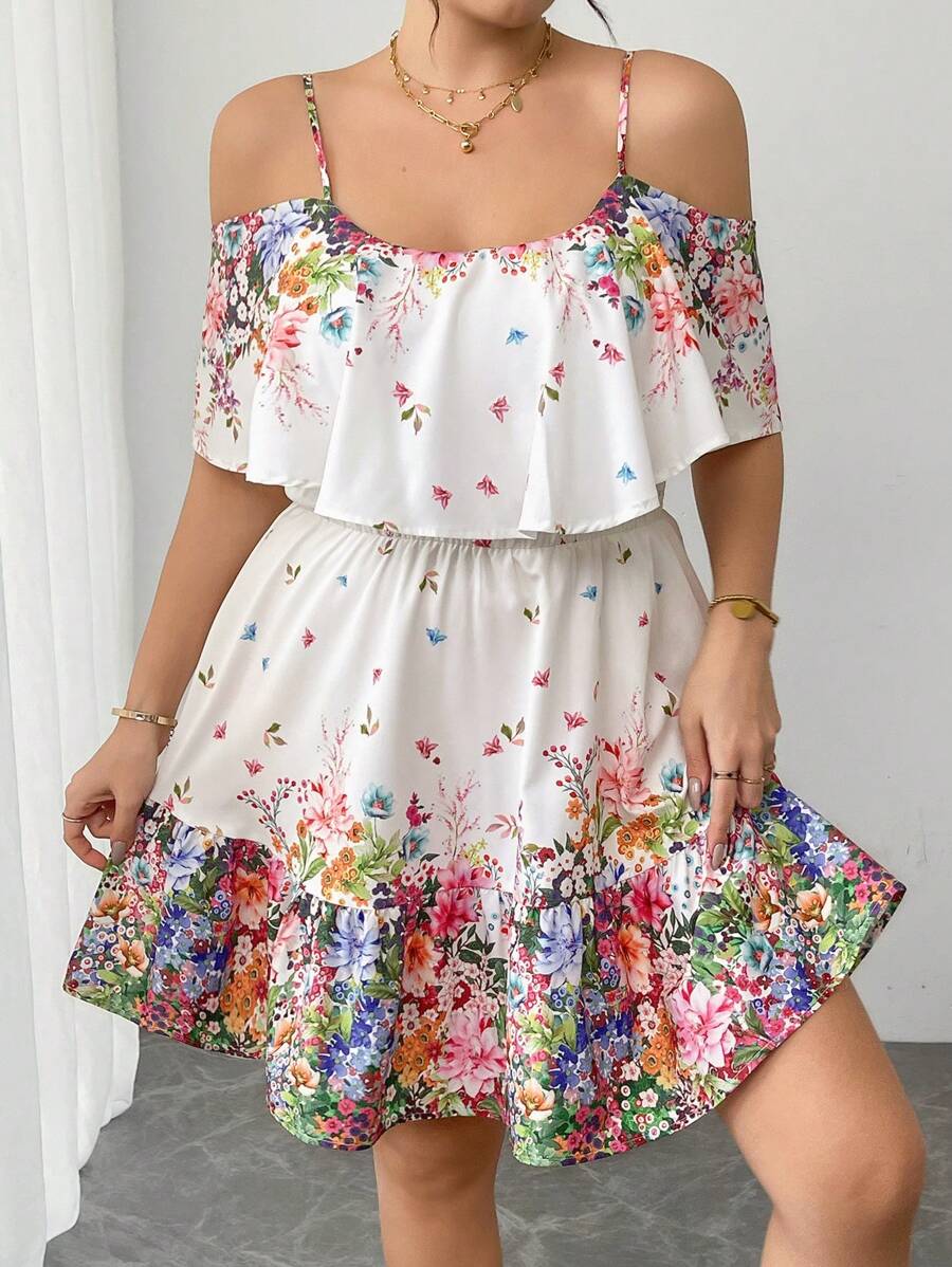 SHEIN Clasi Abito lungo da donna taglie forti con fantasia floreale, scollo annodato e volant, stile da vacanza - Multicolore - Visualizzare 1