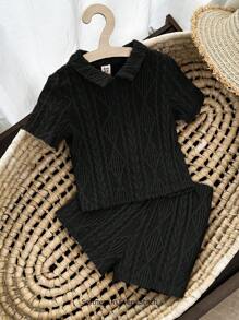 Cozy Pixies 2pcs Toddler Kids Casual Short Sleeve Polo Collar Pullover Sweater And Shorts Set, Black, Soft Knit, All-Match Matched, Suitable For Leisure, Home, Travel