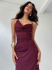 Aloruh Romantic Asymmetrical Halter Big Backless Tie Maxi Mesh Dress For Women, Pink & Purple Summer Outfits For Women,Bodycon Dress - Red Violet - View 2