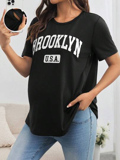 SHEIN T-shirt med rund hals och lös amning för gravida, avslappnad och för utomhussporter