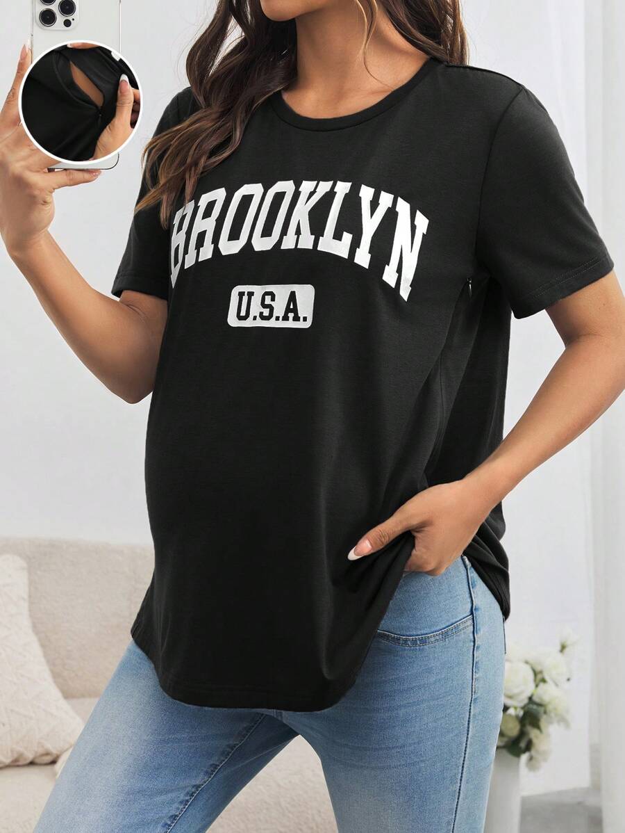 SHEIN Maternity Casual Round Neck Loose Breastfeeding T-Shirt For Outdoor Sports