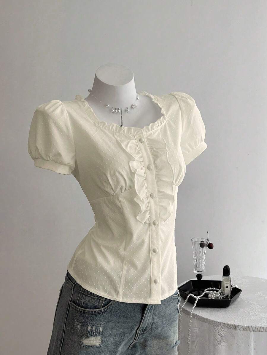 Elamini Women's Solid Color Minimalist Short Sleeve Blouse - Apricot - View 1