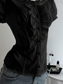 Elamini Women's Solid Color Minimalist Short Sleeve Black Blouse - Black - View 6