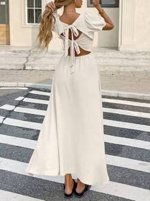 SHEIN Frenchy 女士夏季方领露背系带长裙 - 杏色 - 查看 1