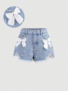 SHEIN Girlism Shorts di jeans eleganti da ragazza tween, lavaggio chiaro, effetto vissuto, con fiocco, inserti in tasche, perle finte e orlo sfrangiato, adatti per vacanze primaverili ed estive, festival