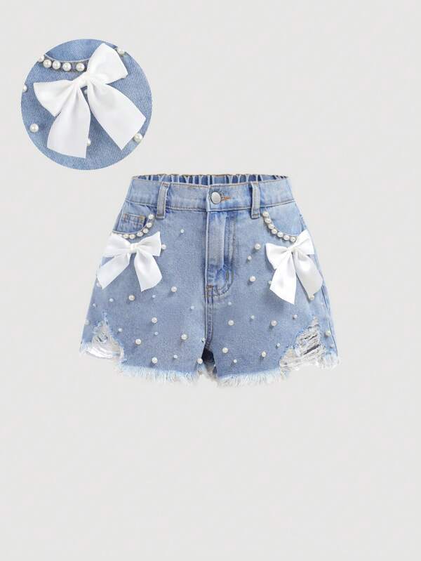 SHEIN Girlism Shorts di jeans eleganti da ragazza tween, lavaggio chiaro, effetto vissuto, con fiocco, inserti in tasche, perle finte e orlo sfrangiato, adatti per vacanze primaverili ed estive, festival