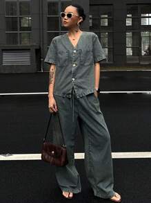 DAZY 女士V领牛仔套装，春夏 - 藏蓝色 - 查看 5