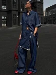 DAZY 3 pièces Set en denim pour femmes: chemise, gilet et short, printemps/été - Bleu azur - Voir 3