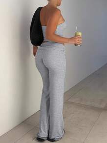 INAWLY 2pcs/Set Slim-Fit Sexy Ruffle Bandeau Top And Bell-Bottom Pants Set