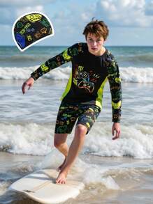 3 件套男童泳衣套装，带游戏控制器印花和泳帽，海滩游玩必备 - 彩色 - 查看 2