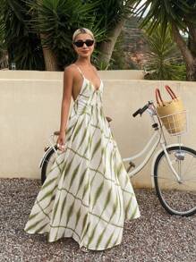 Livesso 女士全印花吊带连衣裙，适合度假邮轮旅行，也可作为女士长款连衣裙穿着。 - 綠色 - 查看 4