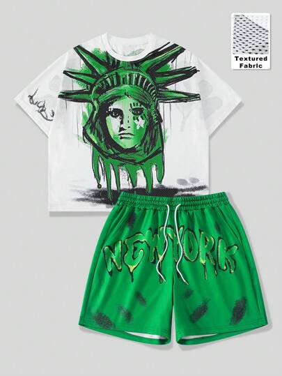 Street Life Ensemble t-shirt et short décontracté avec imprimé figuratif pour homme, été