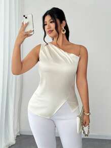 SHEIN Unity 1pc Plus Size Solid Color Chain Strap Asymmetrical Hem Camisole - Apricot - View 2