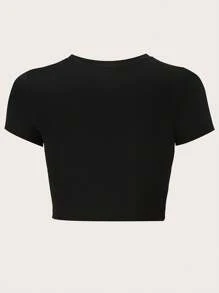 Flirla Plus Size Heart & Letter Print Cropped Slim Fit T-Shirt I Love COWBOYS - Black - View 2