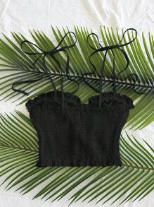 Soleia White Floral Textured Ruffle Trim Women's Camisole Tank Top For Vacation Black Eyelet Top Black Tie Strap Top Black Summer Top Black Crop Top Black Ruffled Top