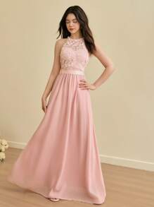 SHEIN Teen Girl Elegant Lace & Chiffon Cinched Waist Sleeveless Dress, Suitable For Bridesmaids, Wedding Ceremony, Prom, Birthday Party