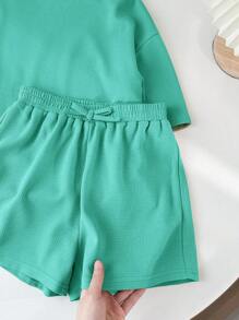 SHEIN LMoss Kids 2件組少女純色針織寬鬆圓領T恤與修身針織短褲 - 橄欖綠 - 查看 8