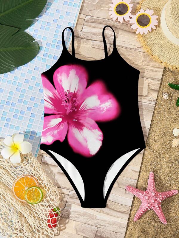 Tween-Mädchen Schwarzer, minimalistischer Camisole-Einteiler-Badeanzug, geeignet für die Sommerkollektion, Familienausflugssaison, Strandmode, Urlaubsaccessoires, Bademode, Urlaubsromantik